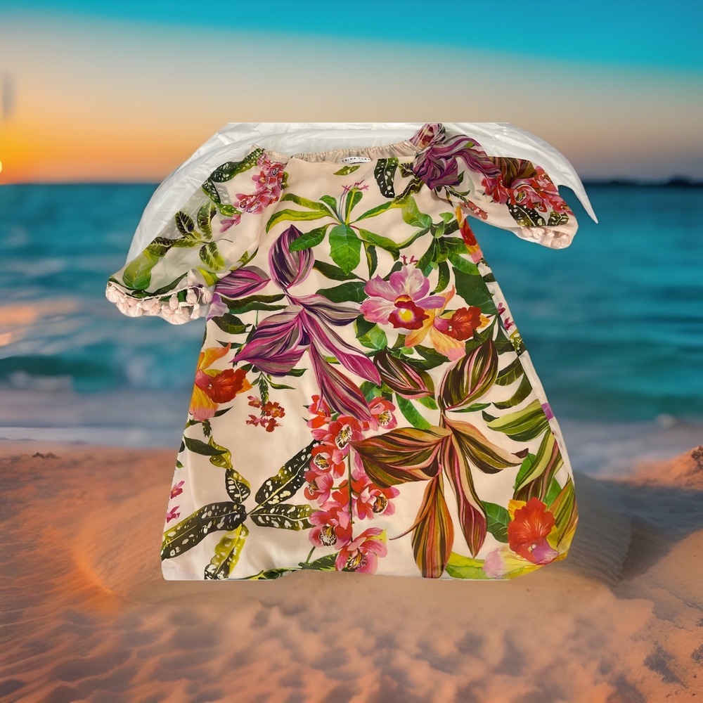Trina Turk Women's Sz S Silk & Poly Hawaiian Printed Off The Shoulder Dress Knee